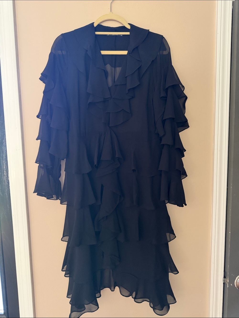 Lefton Black Ruffled Tiered Long Sleeve Dress
